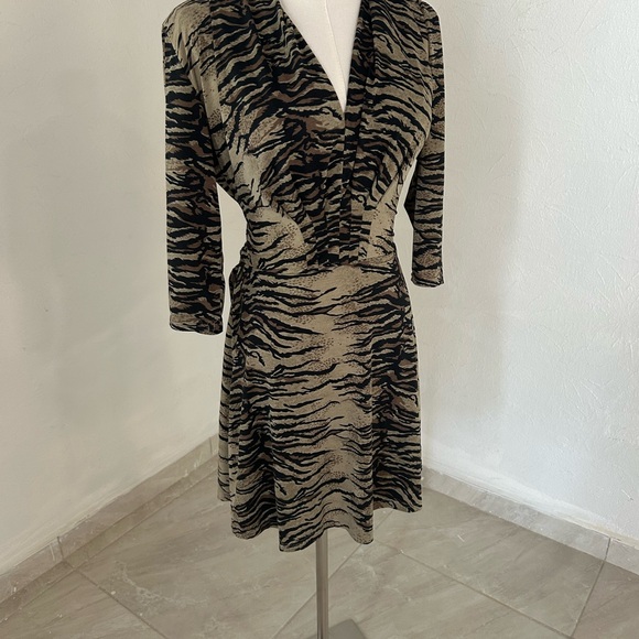 Black and Cream Ruched Wrap Dress with Plunge Neckline - Picture 1 of 3